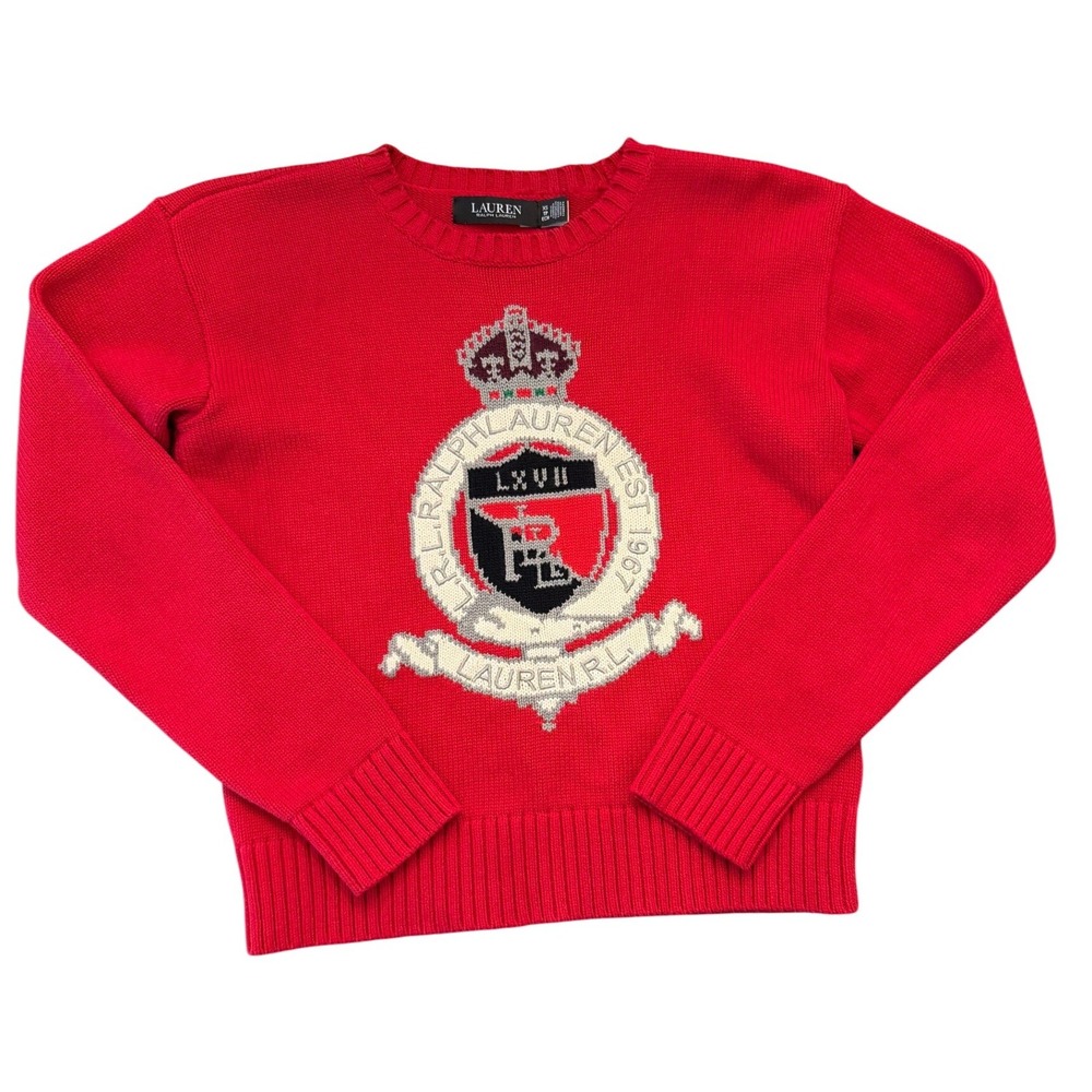 Lauren Ralph Lauren Red Cotton Crew Sweater Intarsia Crest Preppy Old Money XS